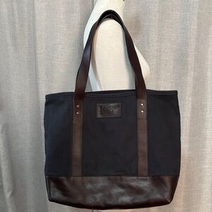 NEW Lands’ End Waxed Canvas & Leather  Tote-Navy/Brown-Open Top-Shoulder Carry
